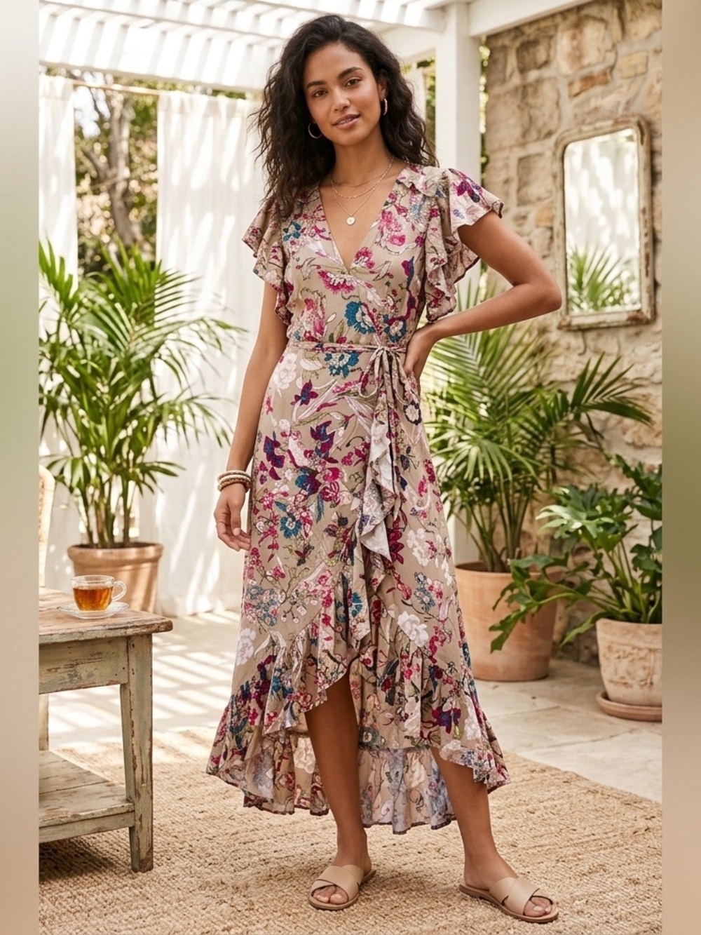 ELF Handmade Tan Floral Wrap Dress Size Women's Medium Ruffle V Neck Lightweight